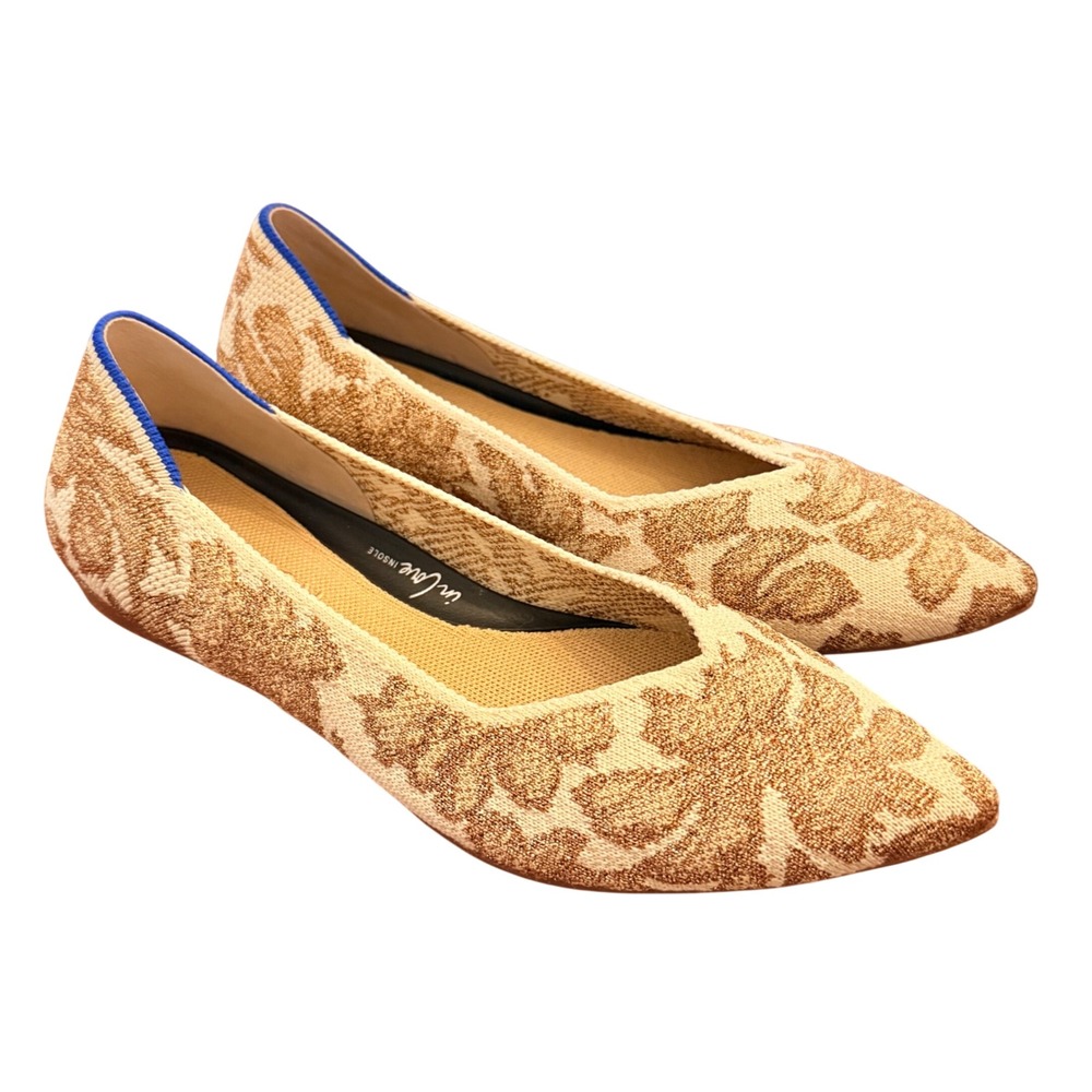 Rothys The Point Flats Gold Metallic Floral Camo Pointed Toe Shoes Womens 6